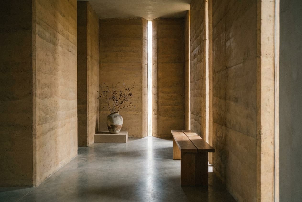A rammed earth corridor with a ceramic vase and wooden bench between tall slit windows