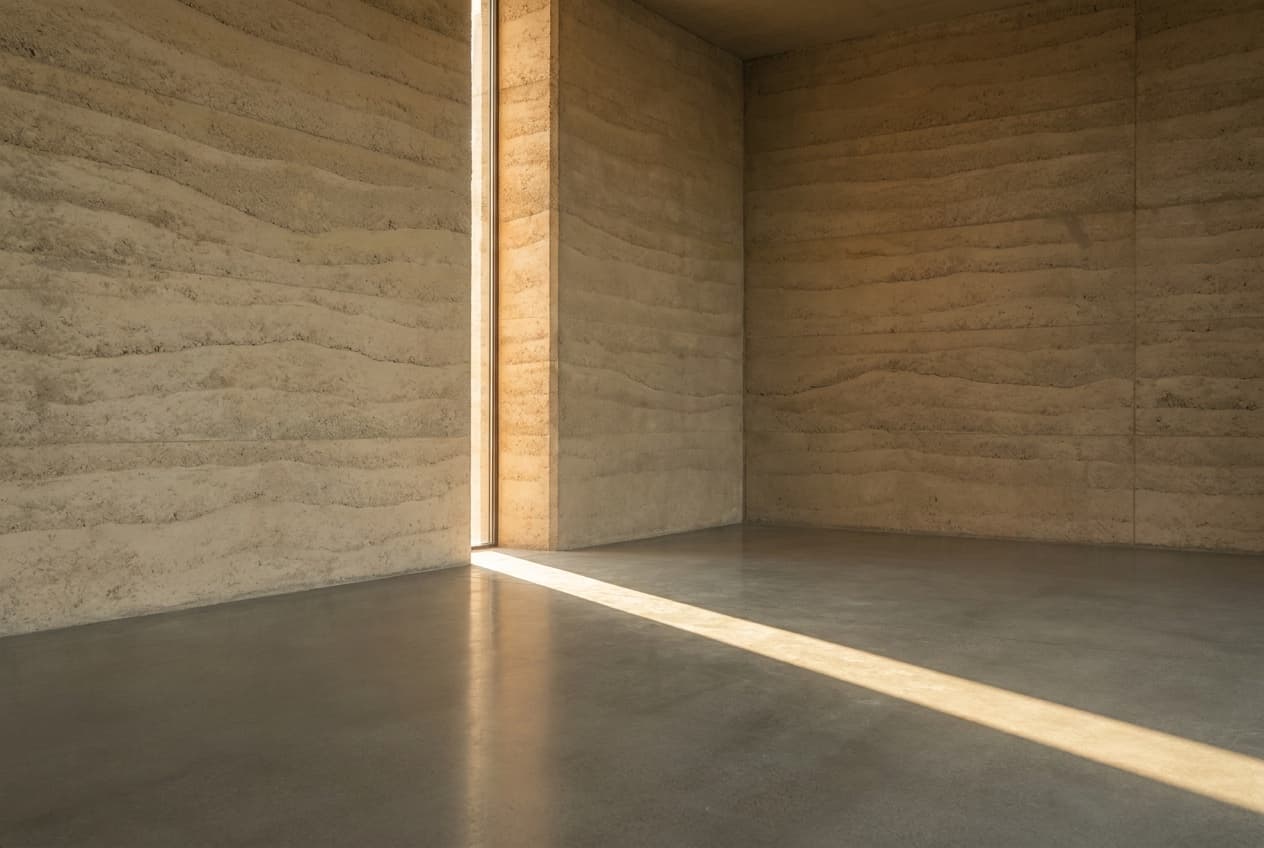 A blade of warm light falling across a polished floor from a slit in rammed earth walls