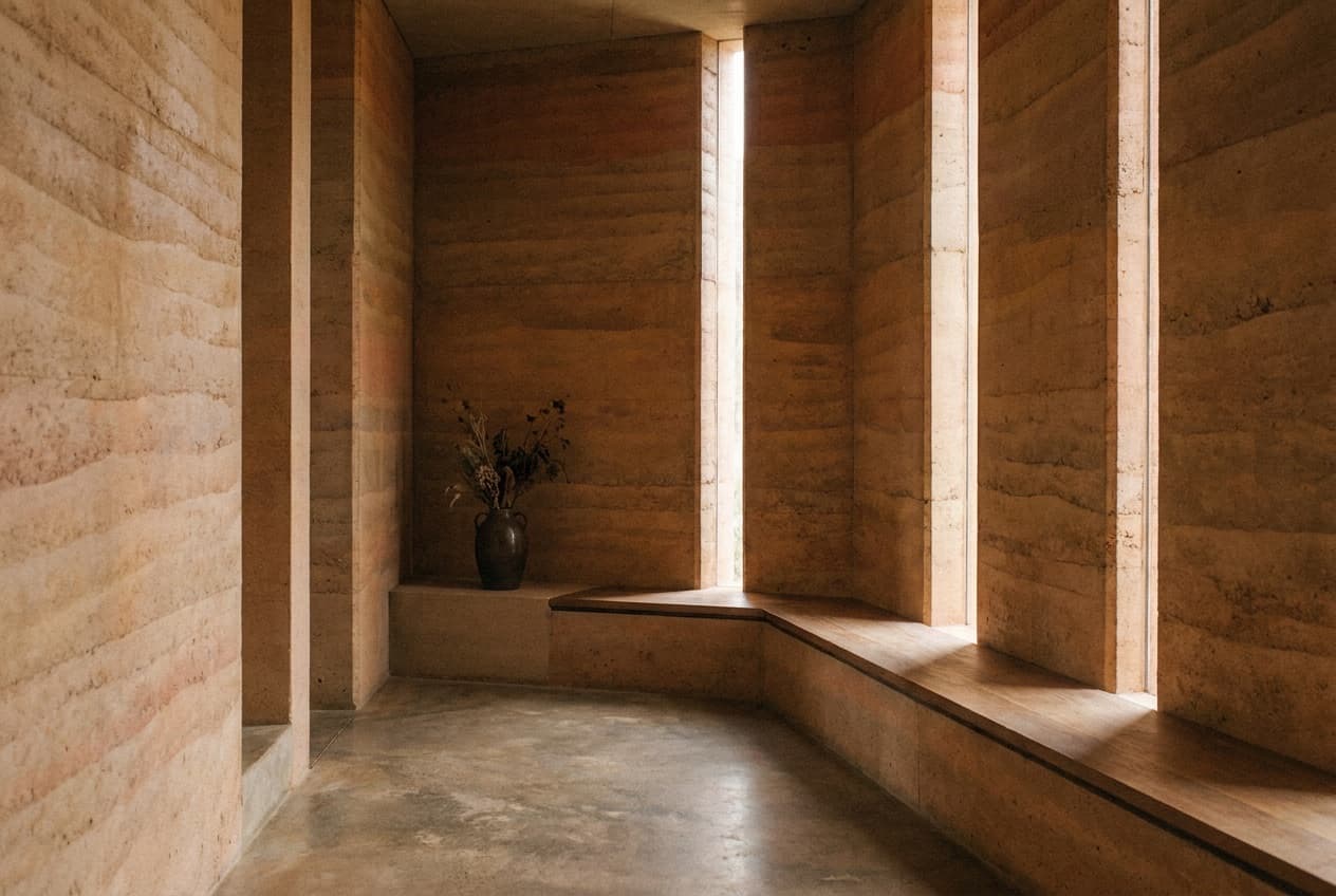 A rammed earth room with tall vertical windows casting warm light across a built-in bench